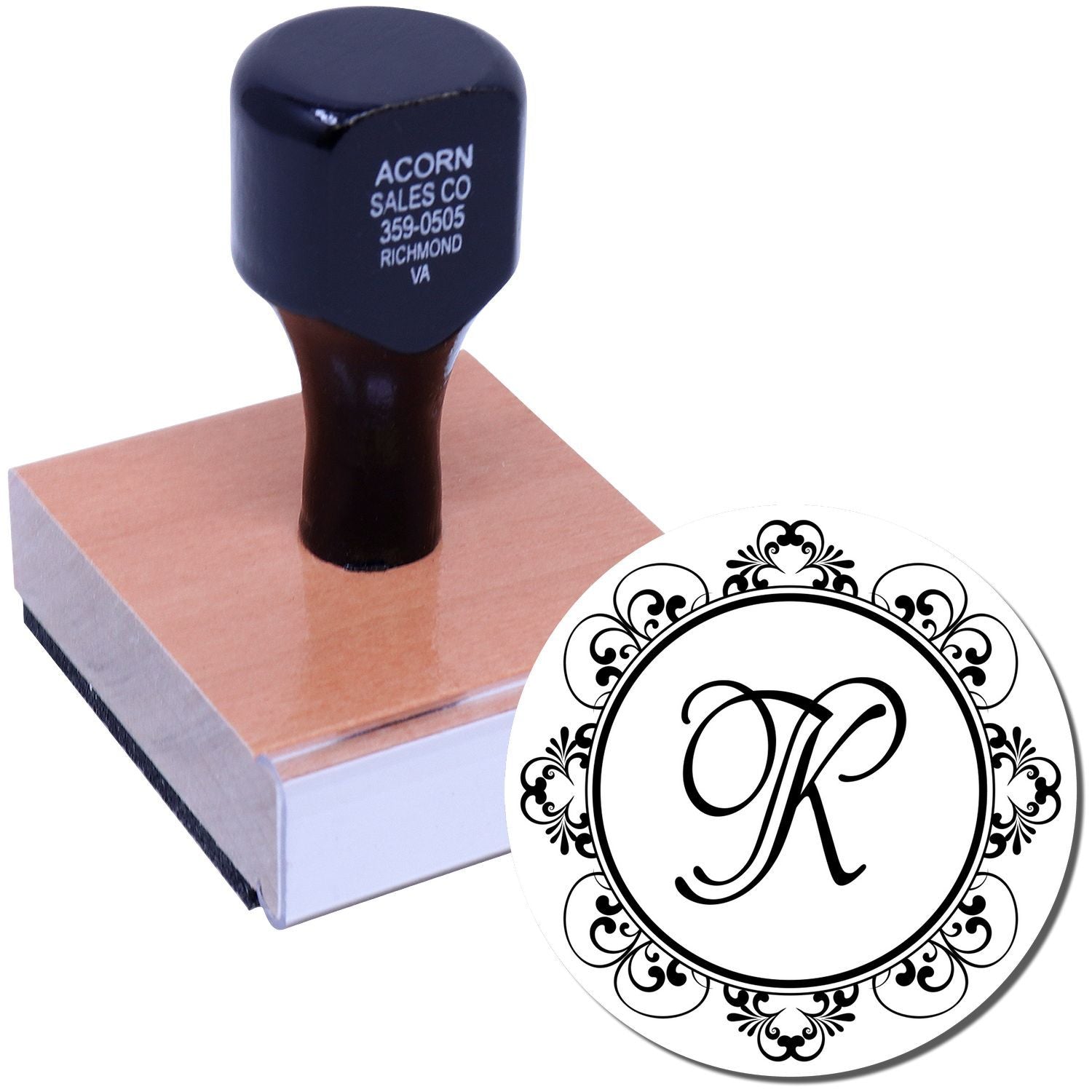 Custom rubber stamp with decorative monogram initial K for personalized stationery, wedding favors, and business branding.