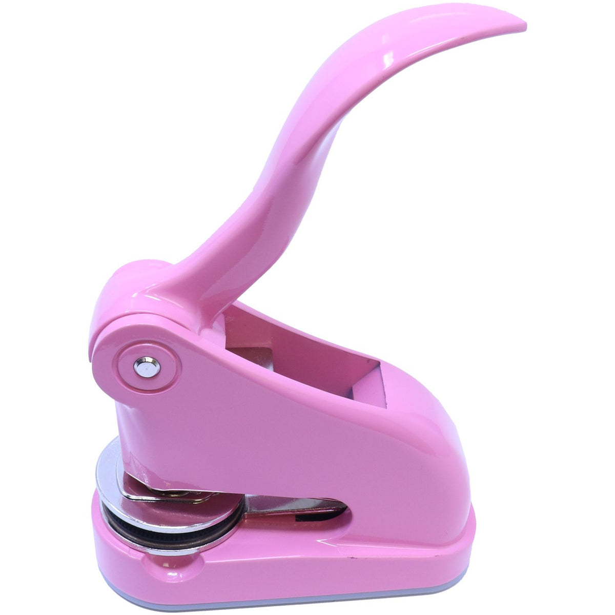 Pink single-hole paper puncher tool with lever handle, office stationery on white background