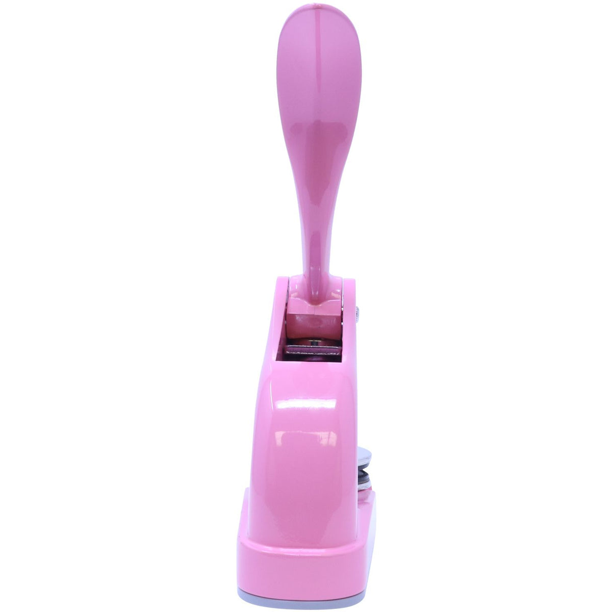 Pink manual button badge maker press machine with lever on white background
