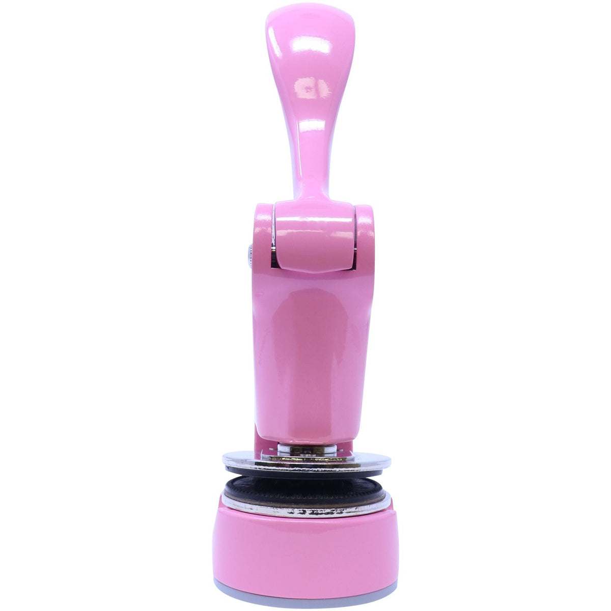 Pink self-inking rubber stamp on a white background, office stationery tool for stamping documents.