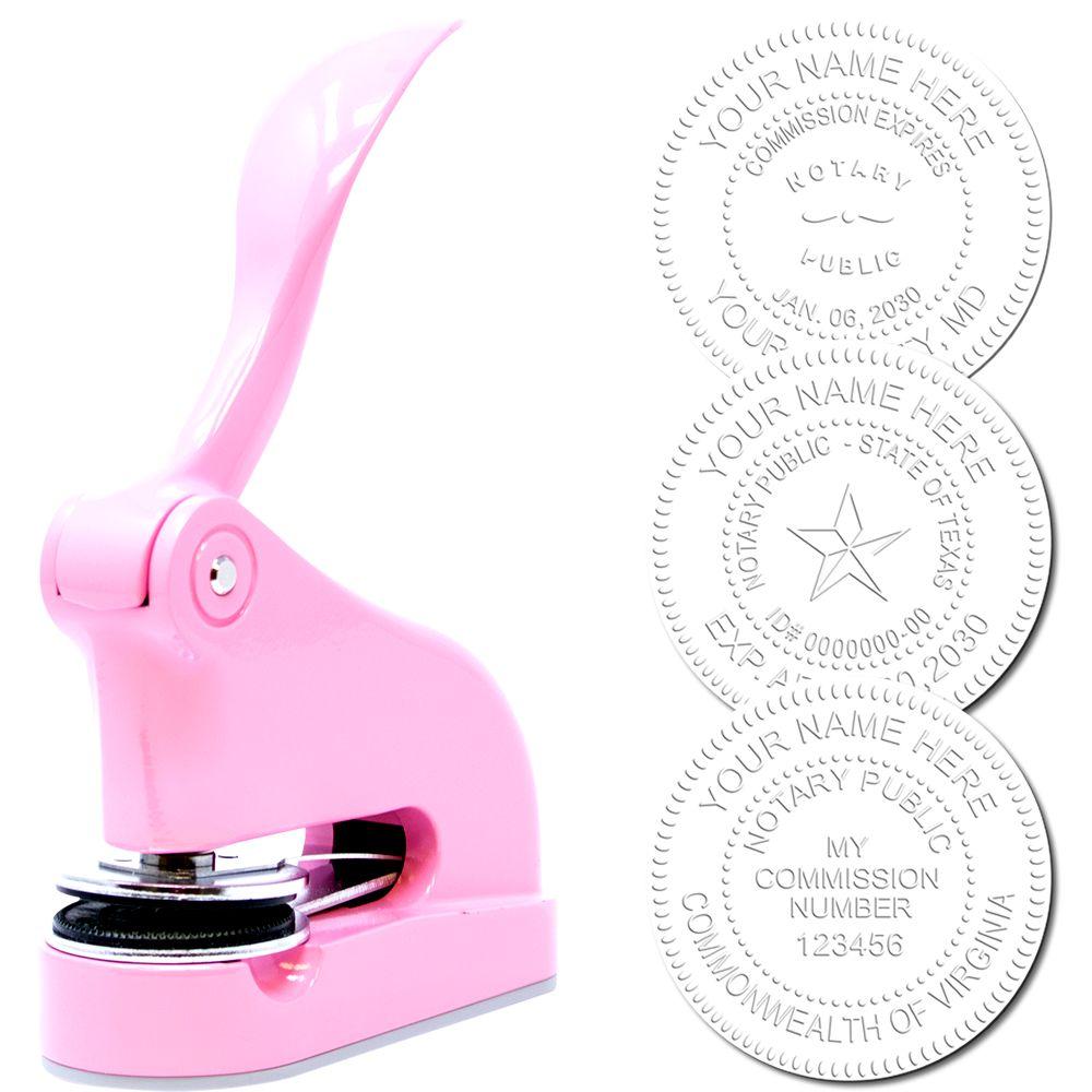 Pink notary seal embosser with custom embossed notary stamp impressions, office authentication tool for professional documents.