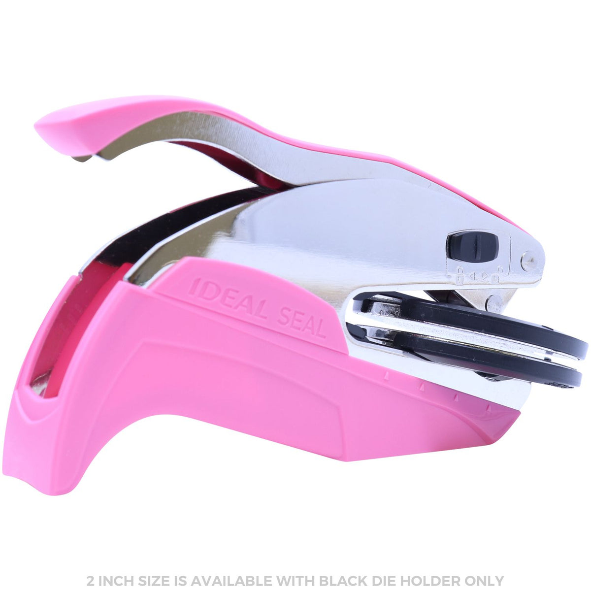 Pink and silver Ideal Seal embossing stamp with black die holder on white background.