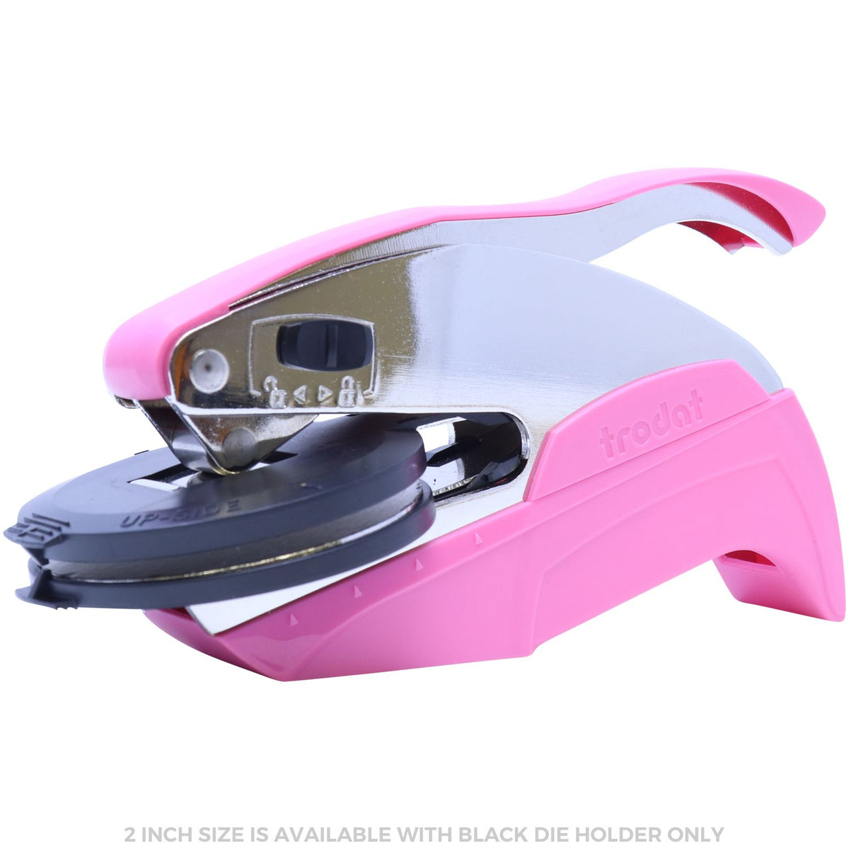 Pink Trodat self-inking stamp with black die holder, compact office and craft tool.