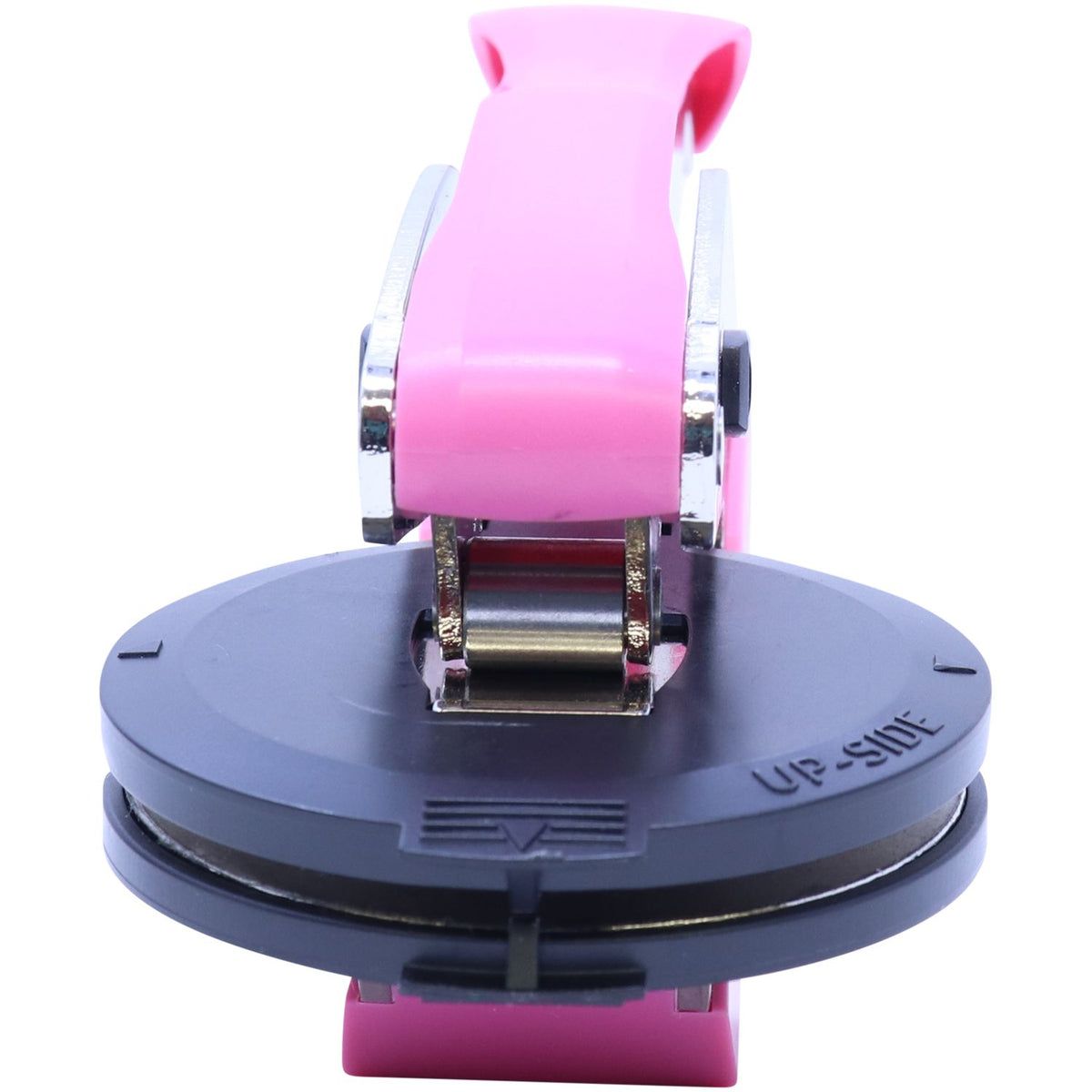 Pink and black adjustable suction cup mount isolated on a white background.