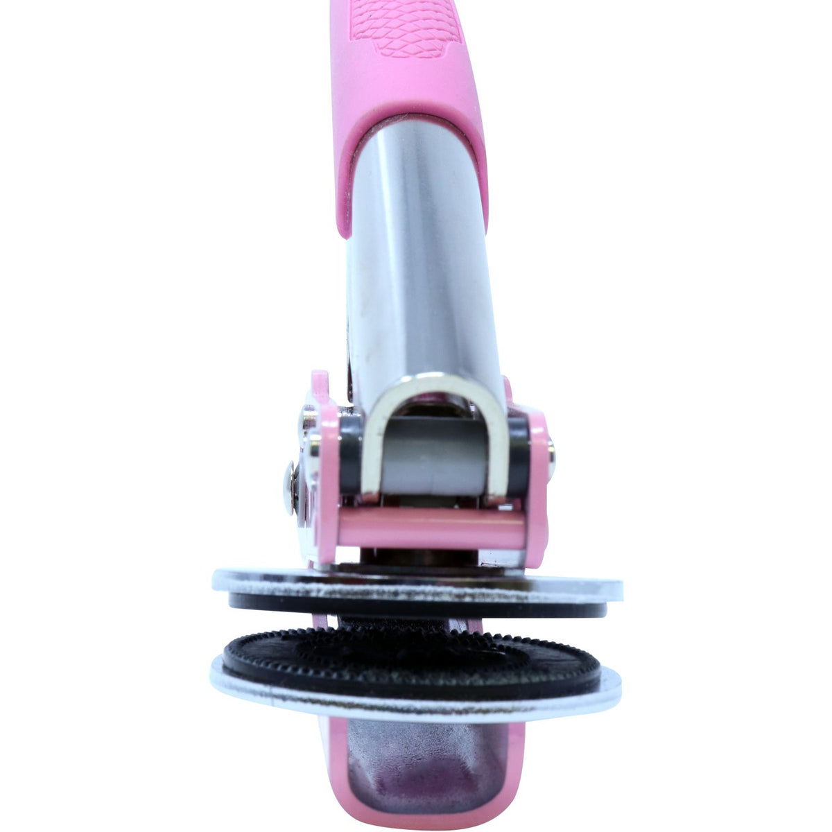 Close-up of a pink folding scooter hinge and wheel assembly on a white background.