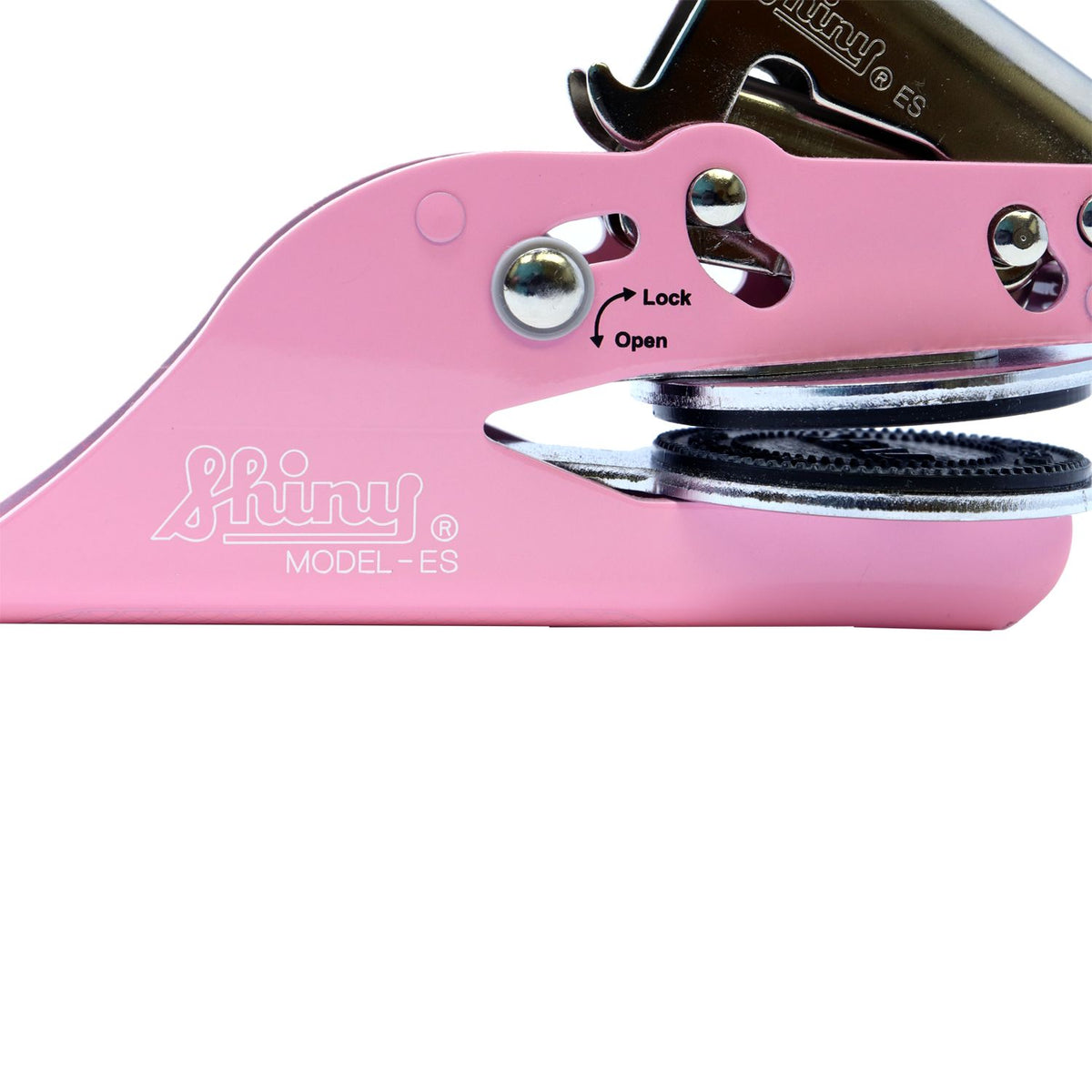 Pink Shiny Model-ES paper punch with lock and open switch, close-up of a craft hole punch tool.