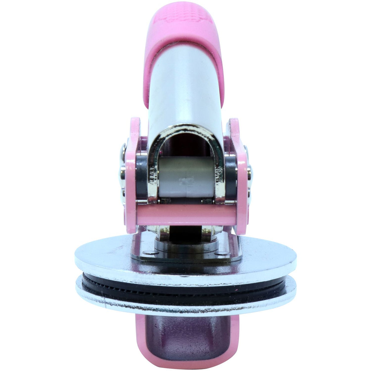 Pink and blue metal hole punch tool isolated on white background