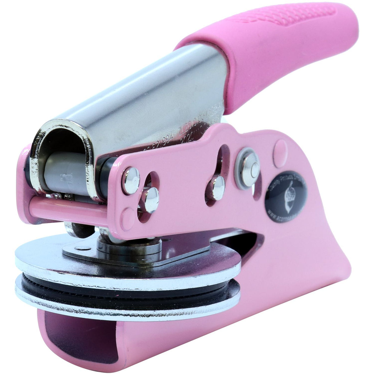 Pink button maker badge press machine on a white background