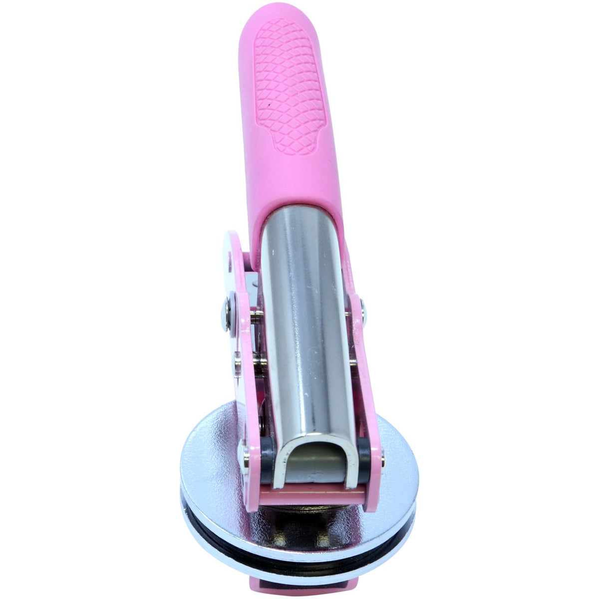 Pink and silver handheld button maker press machine isolated on a white background.