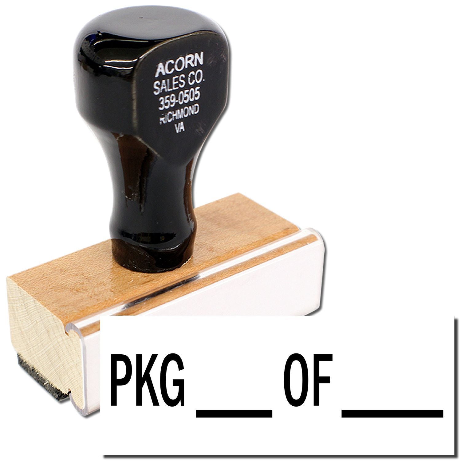 Acorn Sales Co black rubber foot/bumper replacement hardware on wood block, labeled 359-0505package of parts image for furniture.