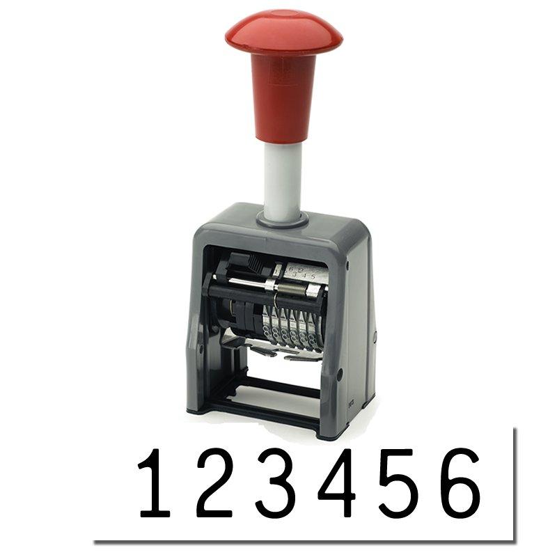 The image shows a numbering machine with "456780" showing.