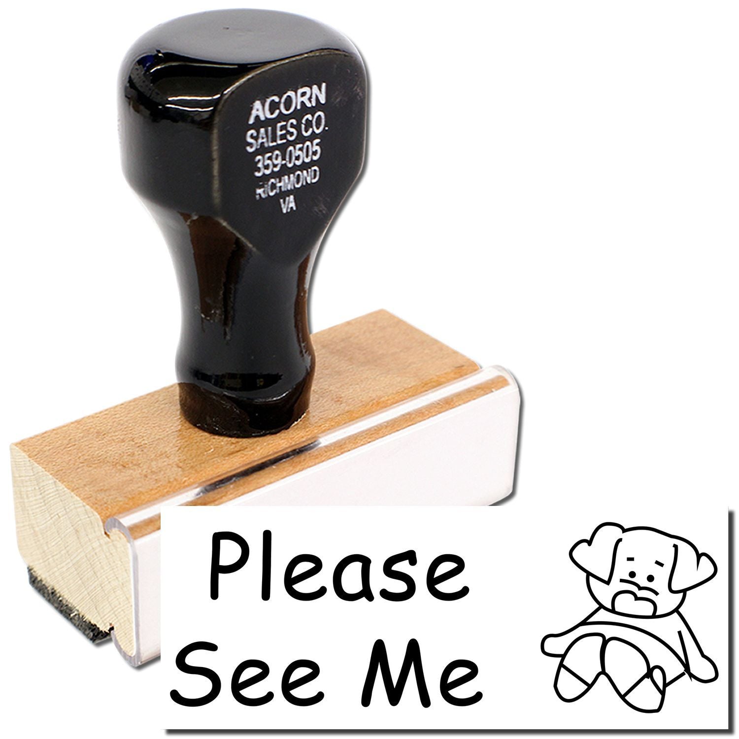 Acorn Sales Co. black boot-shaped novelty on a wooden block with Please See Me label for display and branding
