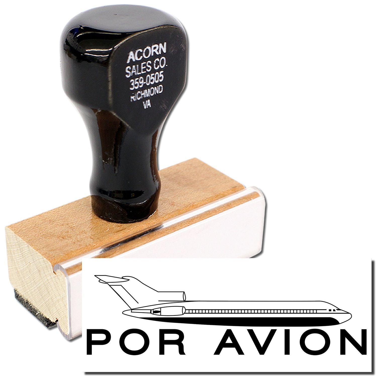 Acorn Sales Co. rubber stamp on Por Avion air mail shipping label, showing Richmond, VA phone number.