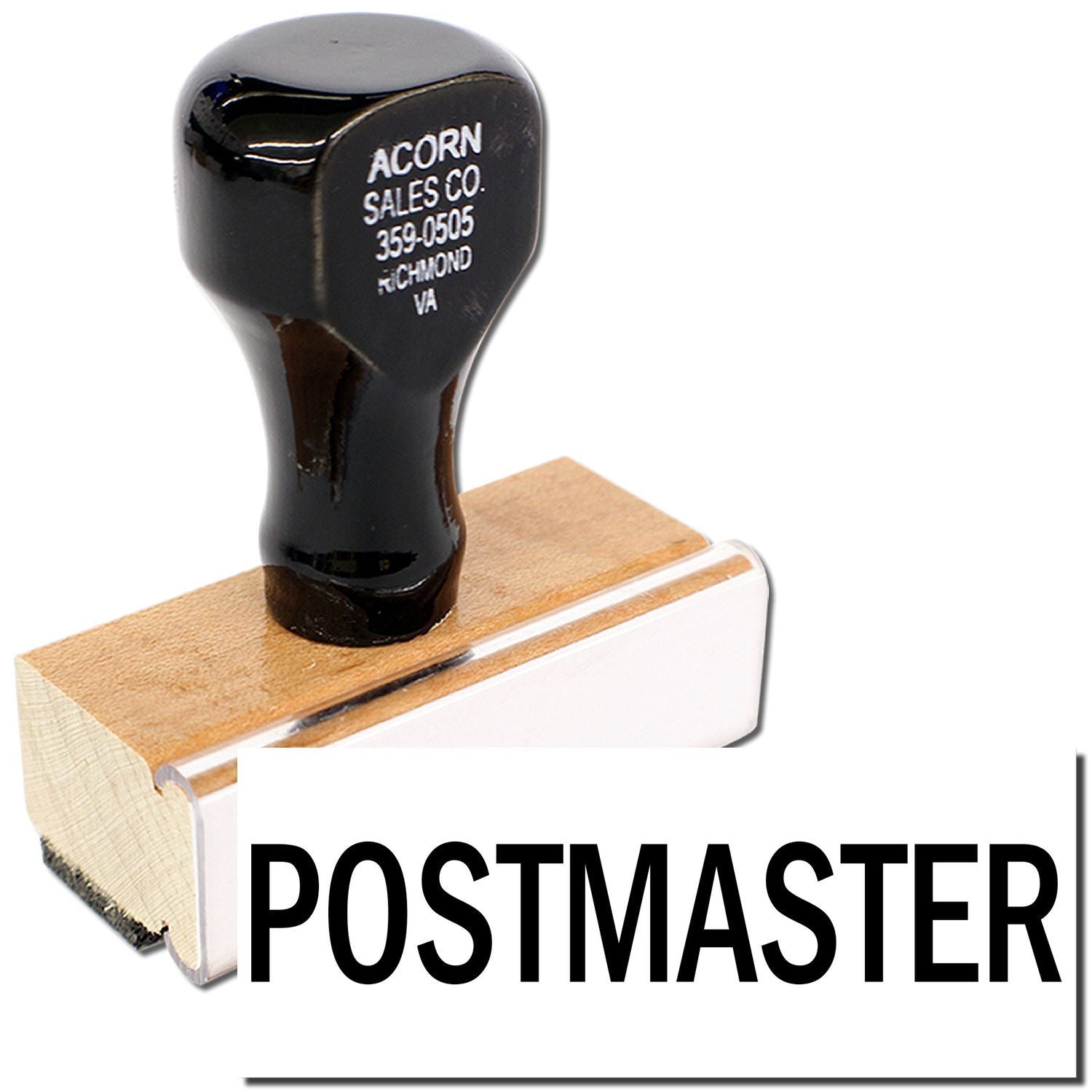 POSTMASTER rubber stamp with black handle and wood base, office address stamp tool