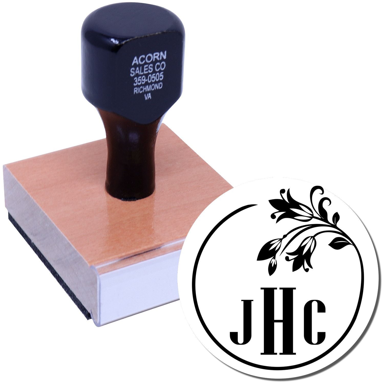Custom monogram rubber stamp with JHC floral design and wooden handle for personalized wedding or business stamping.