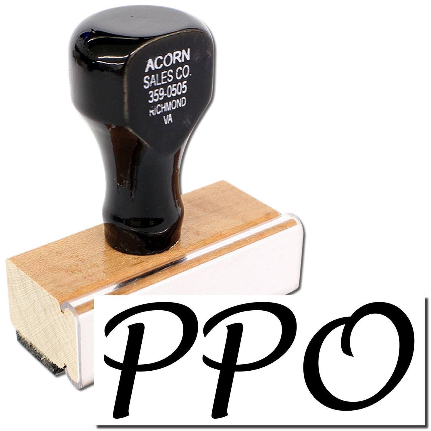 Acorn Sales Co. black rubber stamp on wooden block with phone number 359-0505 for document marking and branding