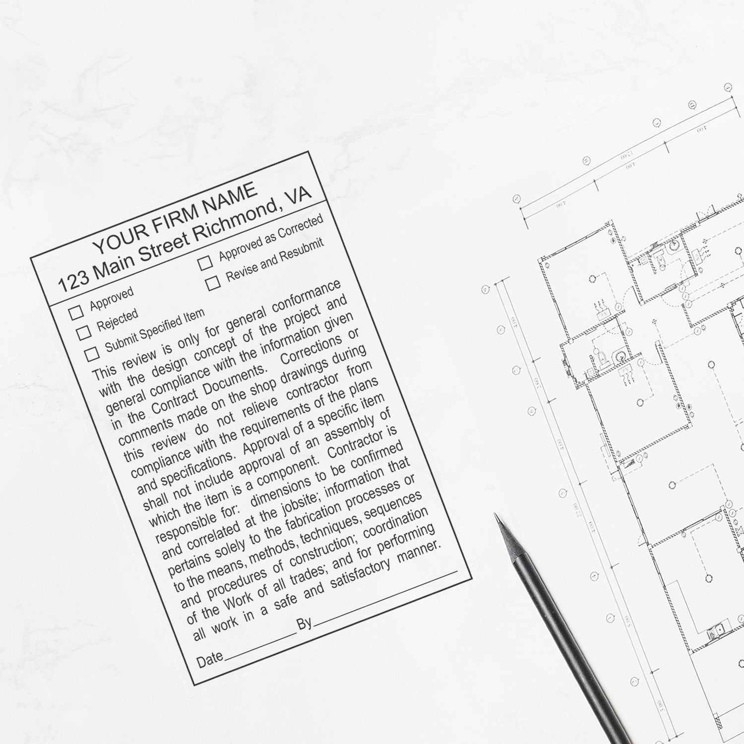 Architectural blueprint with construction submittal approval form, pencil, and detailed house floor plan drawing.