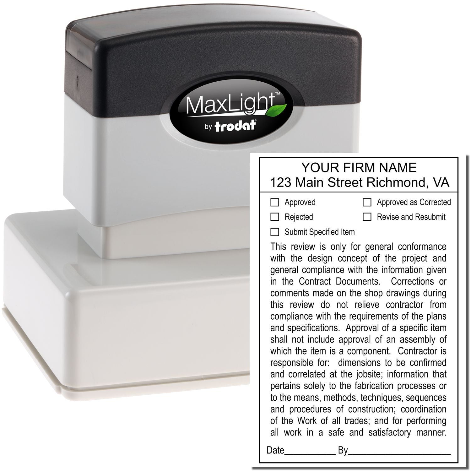 Trodat MaxLight self-inking approval stamp with custom firm name and architectural review imprint.