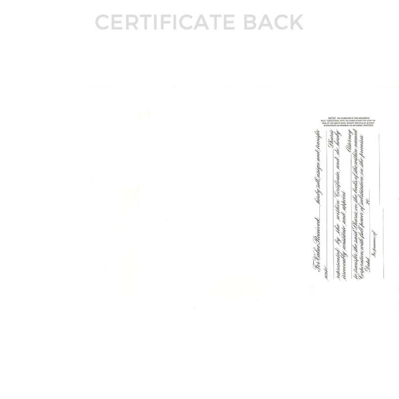 Certificate back page showing printed verification details and legal fine-print text for document verification