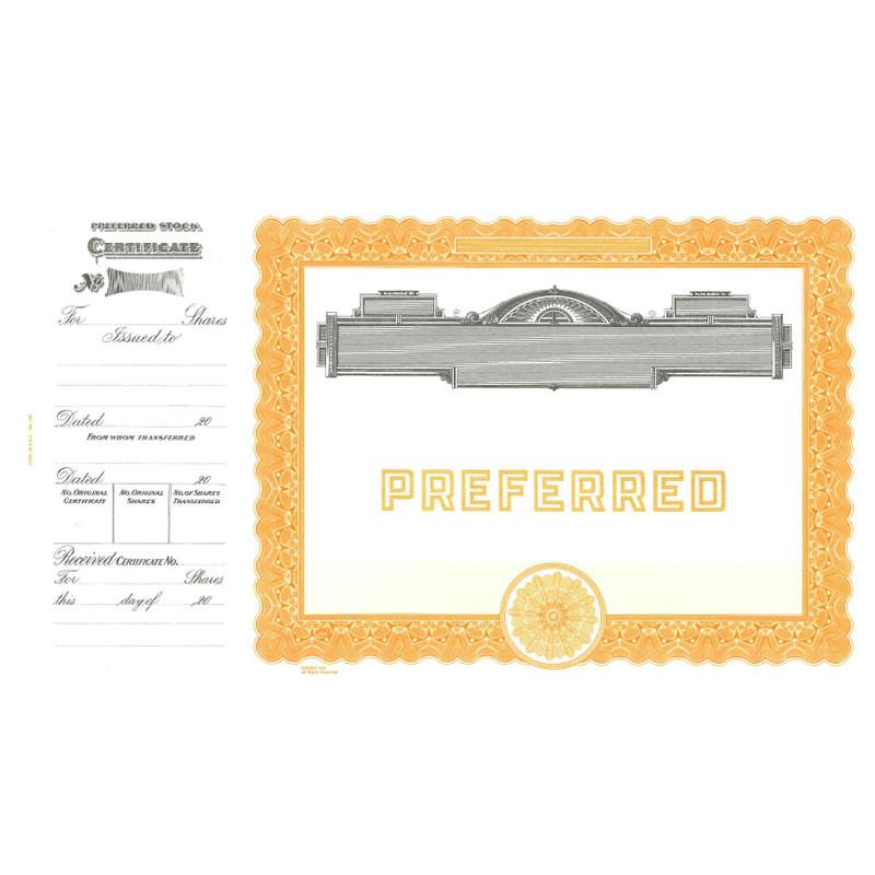 Preferred share certificate with ornate gold border and preferred lettering over vintage building engraving for investors document