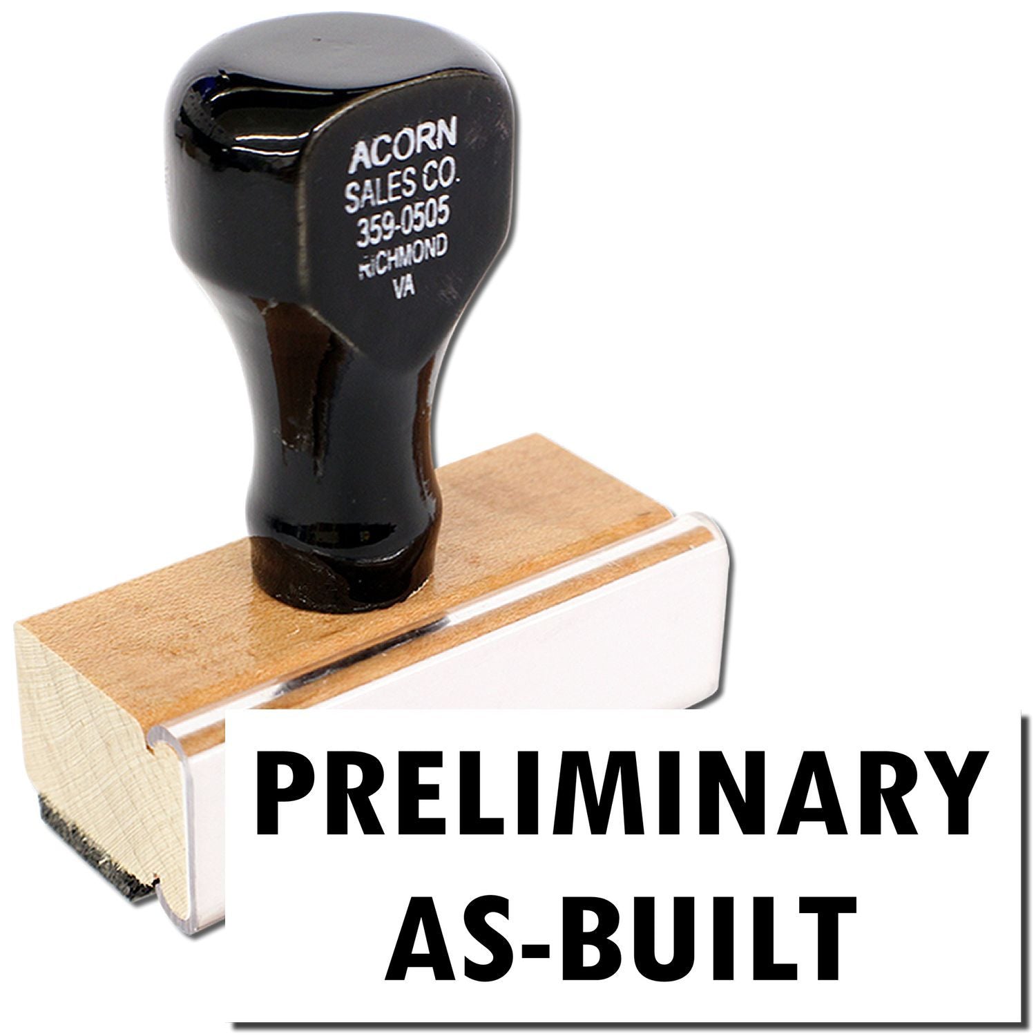 Preliminary as-built rubber stamp with black handle and wooden base for document marking