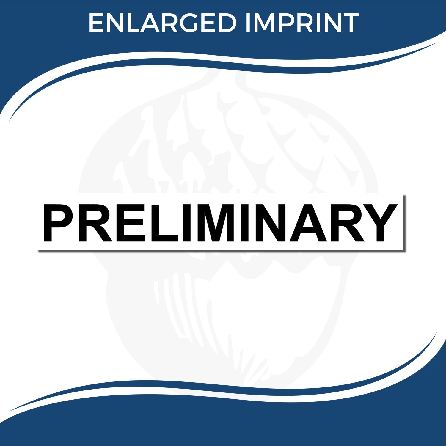 Preliminary enlarged imprint template with blue and white design and bold text.