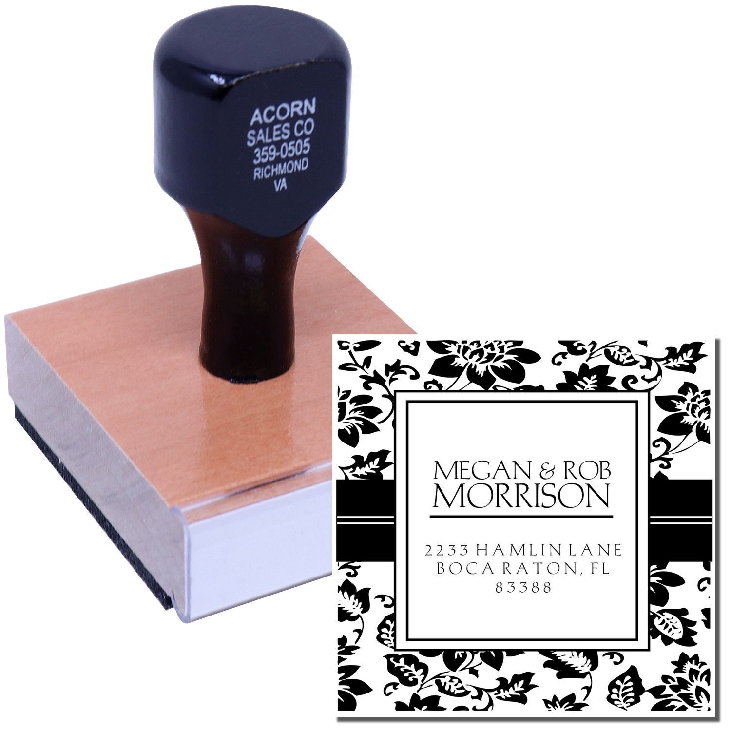 Custom address rubber stamp with floral monogram design for personalized wedding invitations and return mailing labels