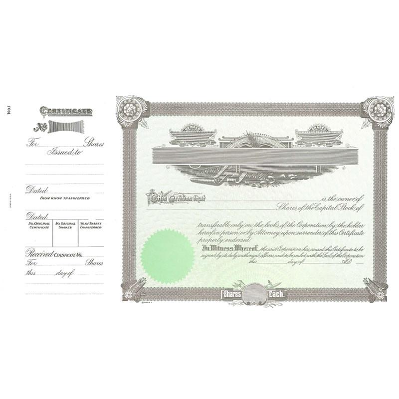 Vintage certificate template for company shares, legal document design with ornate border and signatures.