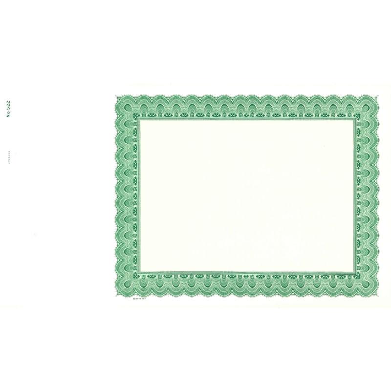 Blank ornate security certificate with green guilloche border and empty center, used for official documents or banknote design