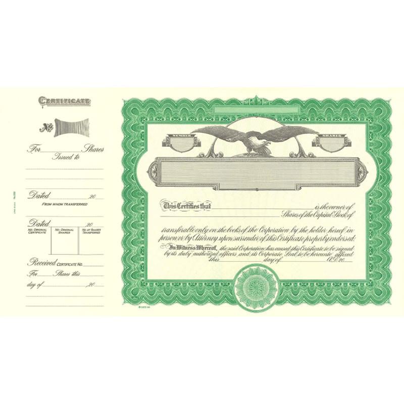 Vintage stock certificate document with ornate green border and eagle emblem, indicating ownership of shares.
