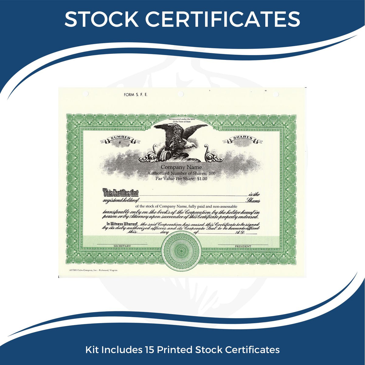 Vintage stock certificates kit featuring a classic eagle design, with 15 printed stock certificates included.