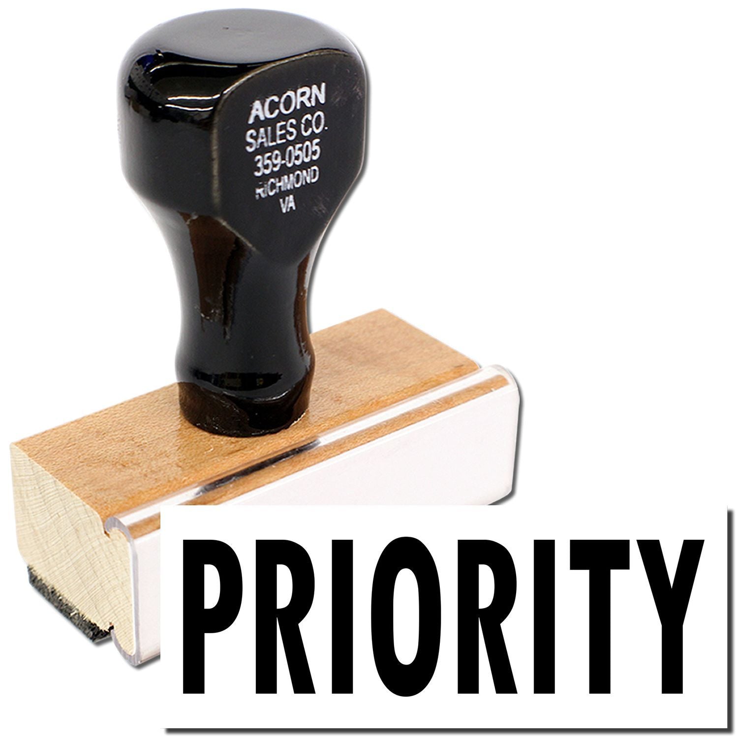 Priority rubber stamp with bold black PRIORITY text on a wooden handle, office supply close-up.