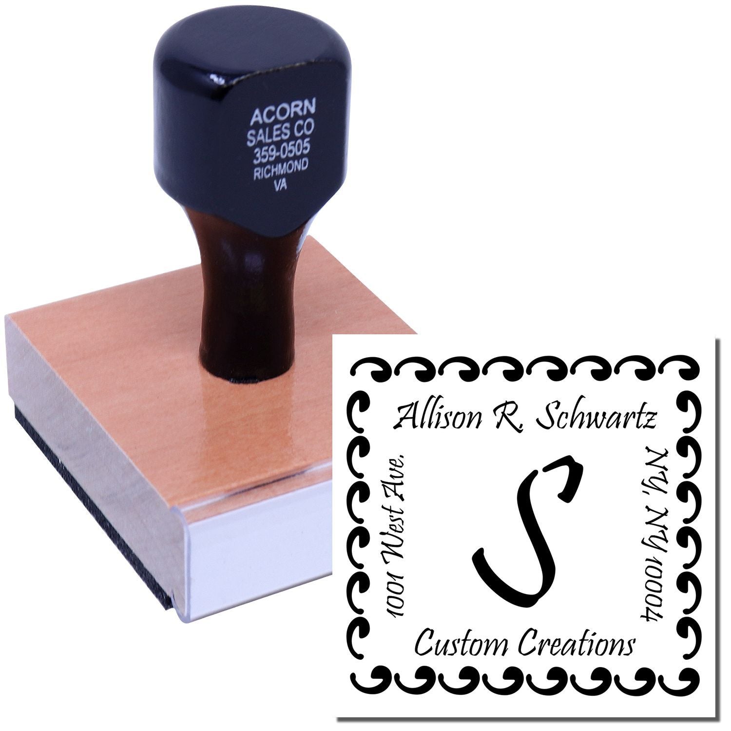Custom rubber stamp with monogram and address design for personalized stationery, business branding, and custom impressions