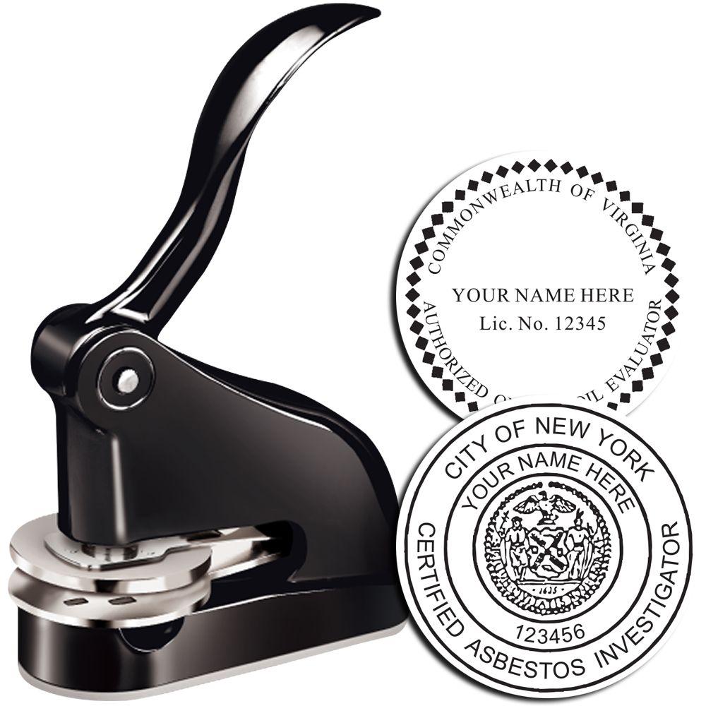 Black embossing seal press with custom notary and professional certification seal designs for Virginia and New York.