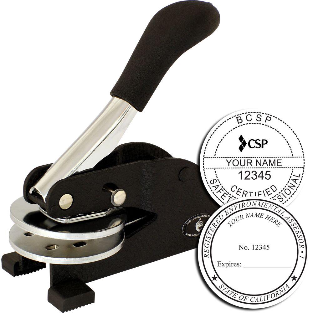 Handheld metal embossing seal stamp with custom certification labels and registered environmental assessor logo.