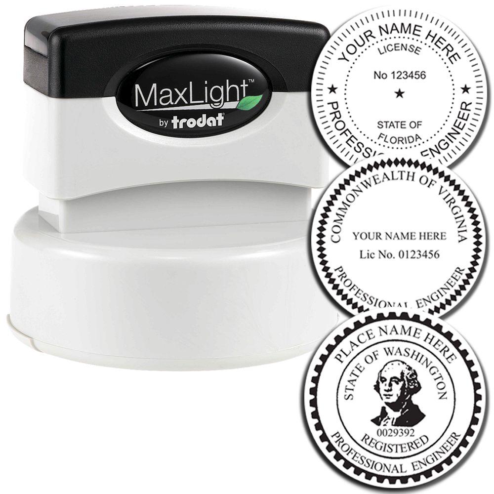 MaxLight by Trodat self-inking professional engineer seal stamp with custom state license designs for Florida, Virginia, and Washington.