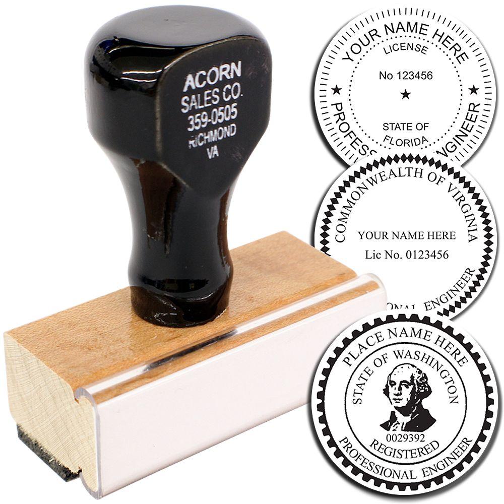 Custom professional engineer rubber stamp with state license seal examples for Virginia, Florida, and Washington.