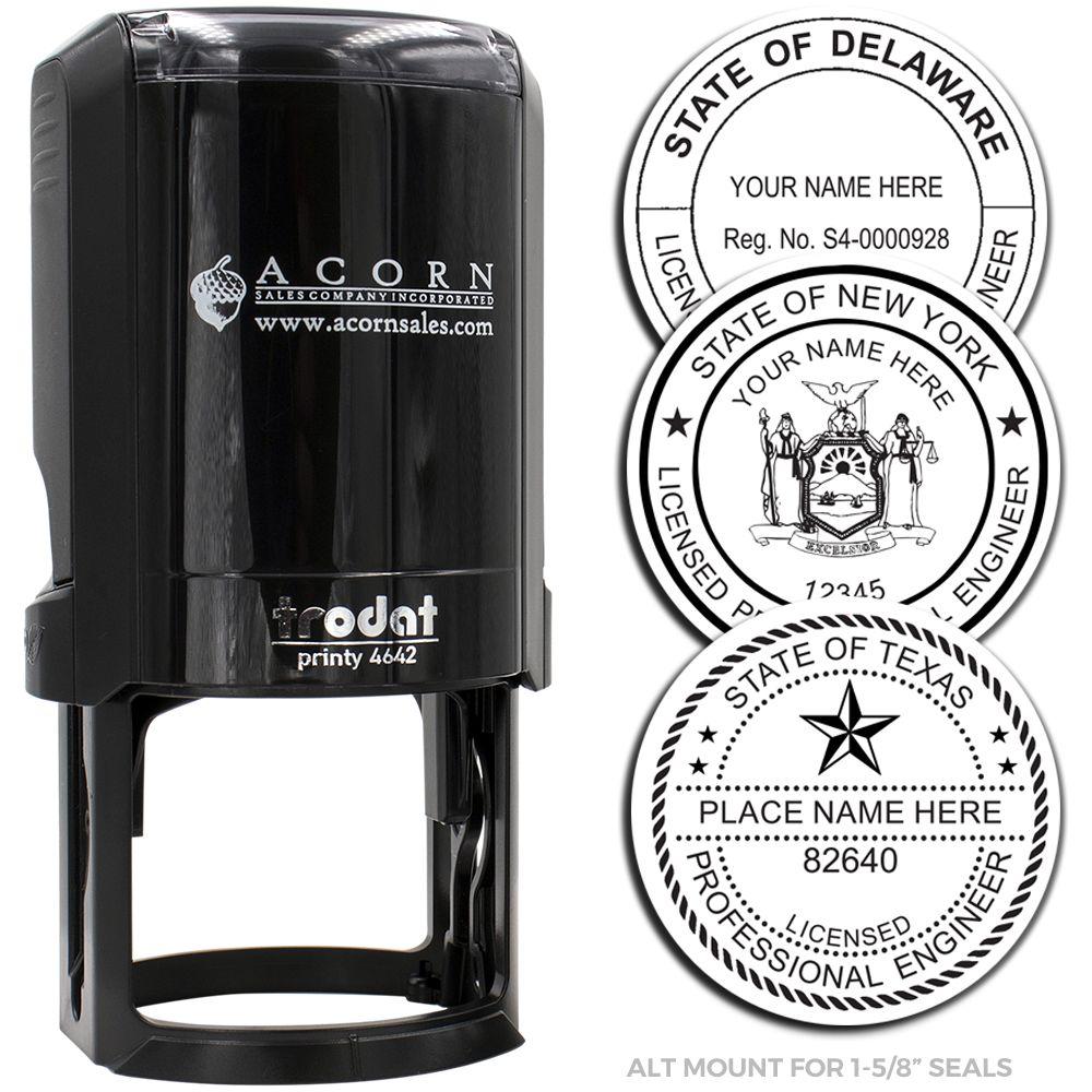 Black custom seal embosser for 1-5/8-inch state seal impressions, with sample Delaware, New York, and Texas professional engineer seals.