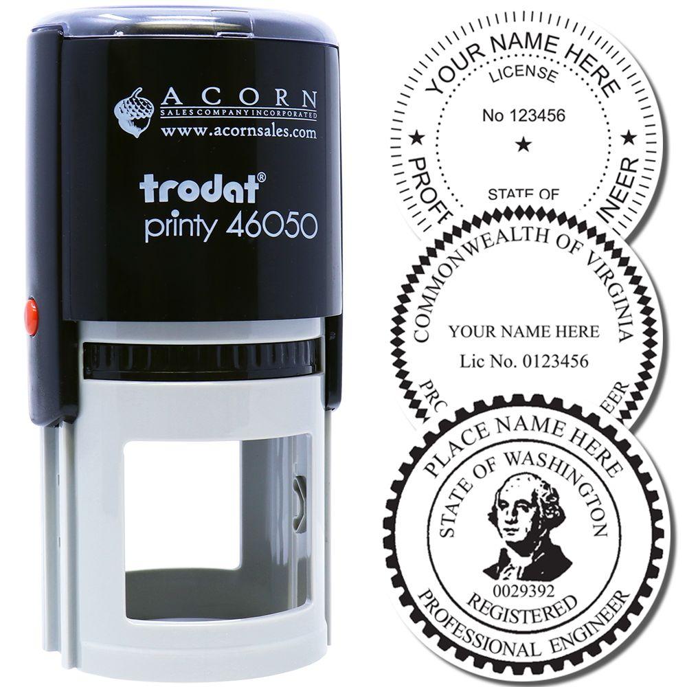 Trodat Printy 46050 self-inking stamp with custom round professional engineer seal examples and state license imprint designs