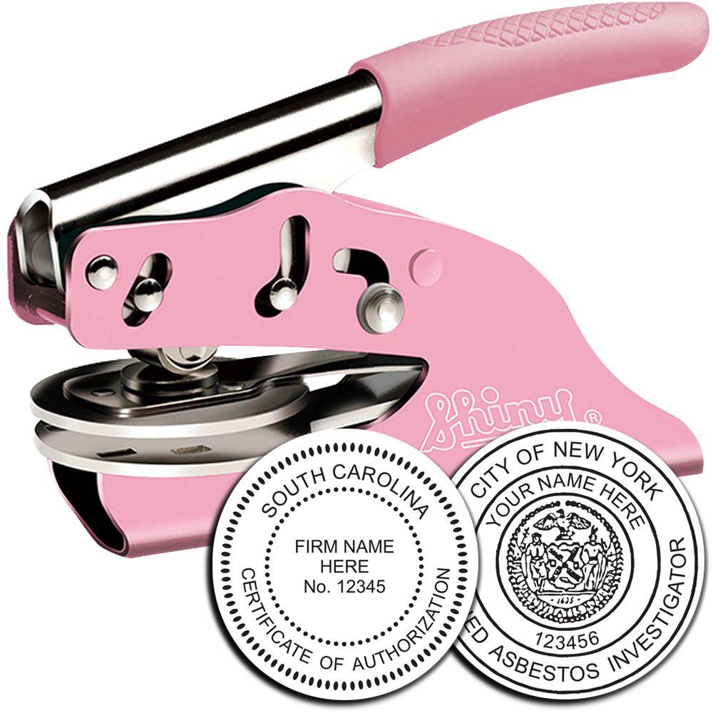 Pink heavy-duty embossing seal press with custom round notary and certificate seals for office use.