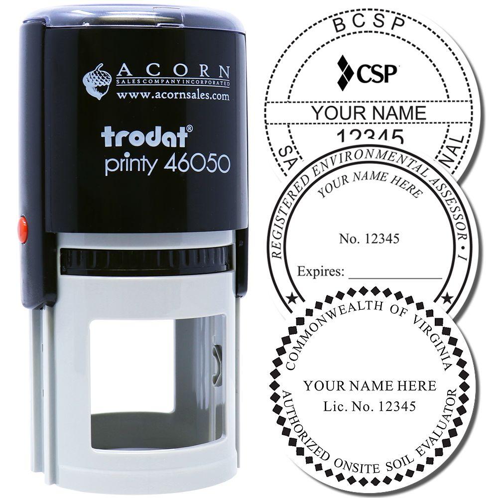 Trodat Printy 46050 self-inking stamp with custom round professional seal designs and license number text.