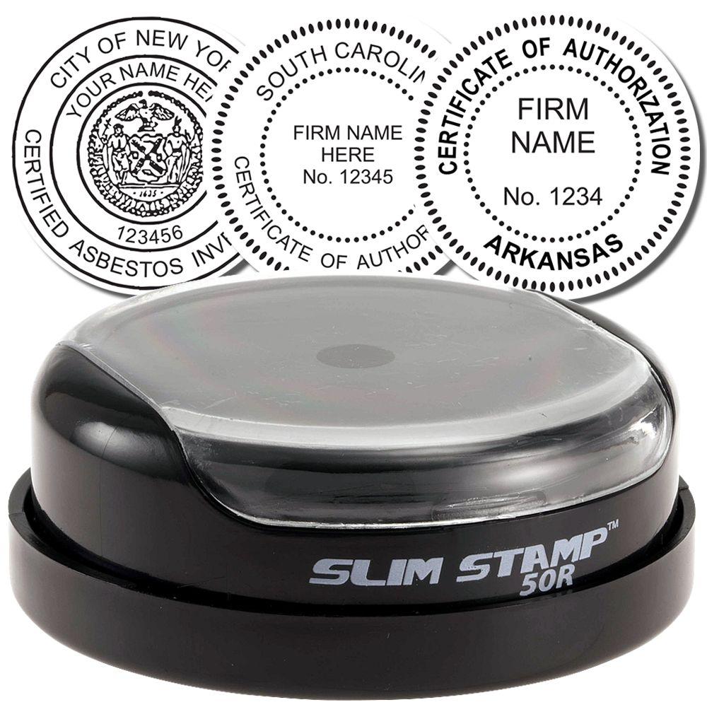 Custom self-inking round certification stamp, Slim Stamp 50R, with state authorization seal designs for New York, South Carolina, and Arkansas.