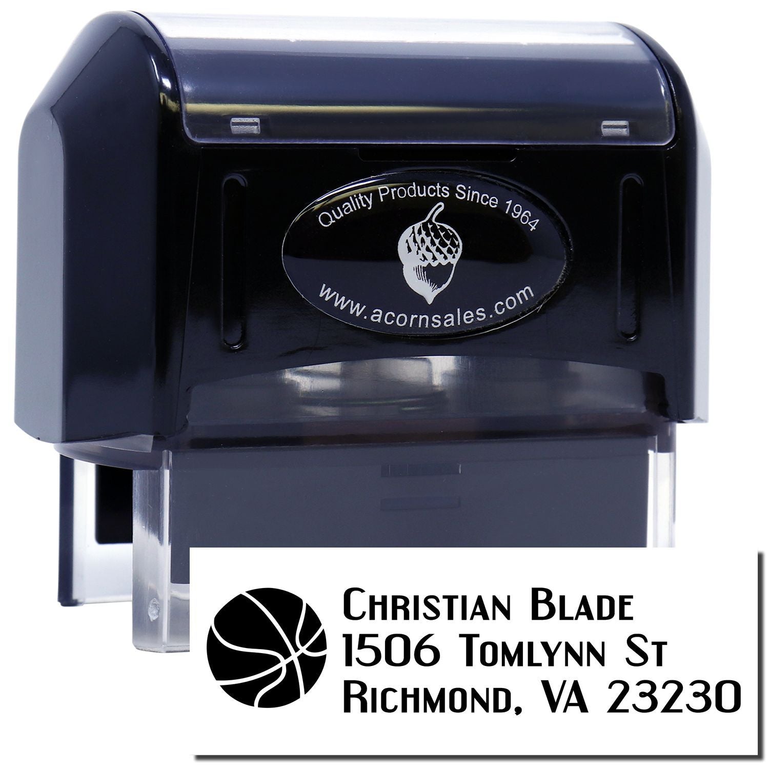 Custom self-inking rubber address stamp for Christian Blade, Richmond, VA 23230