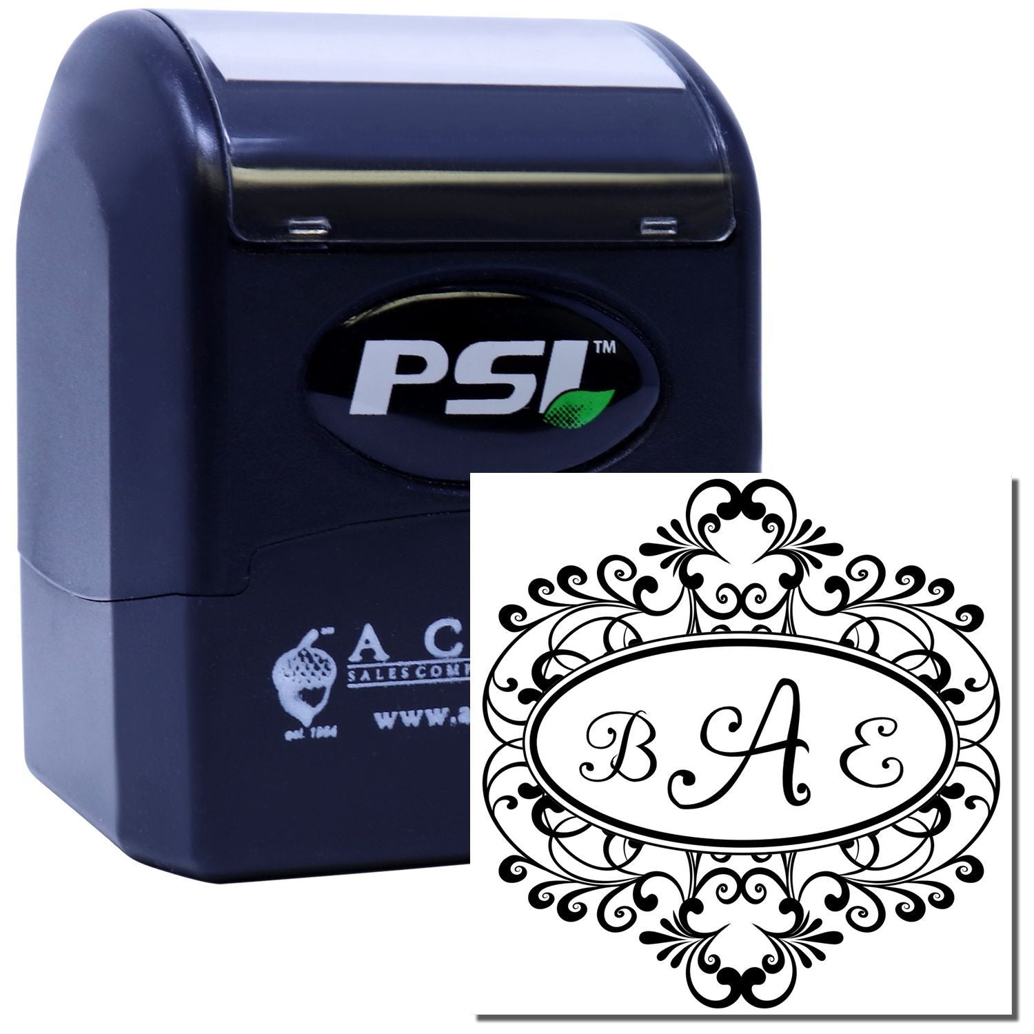 Custom self-inking PSI rubber stamp with ornate monogram design for personalized wedding or business stationery.