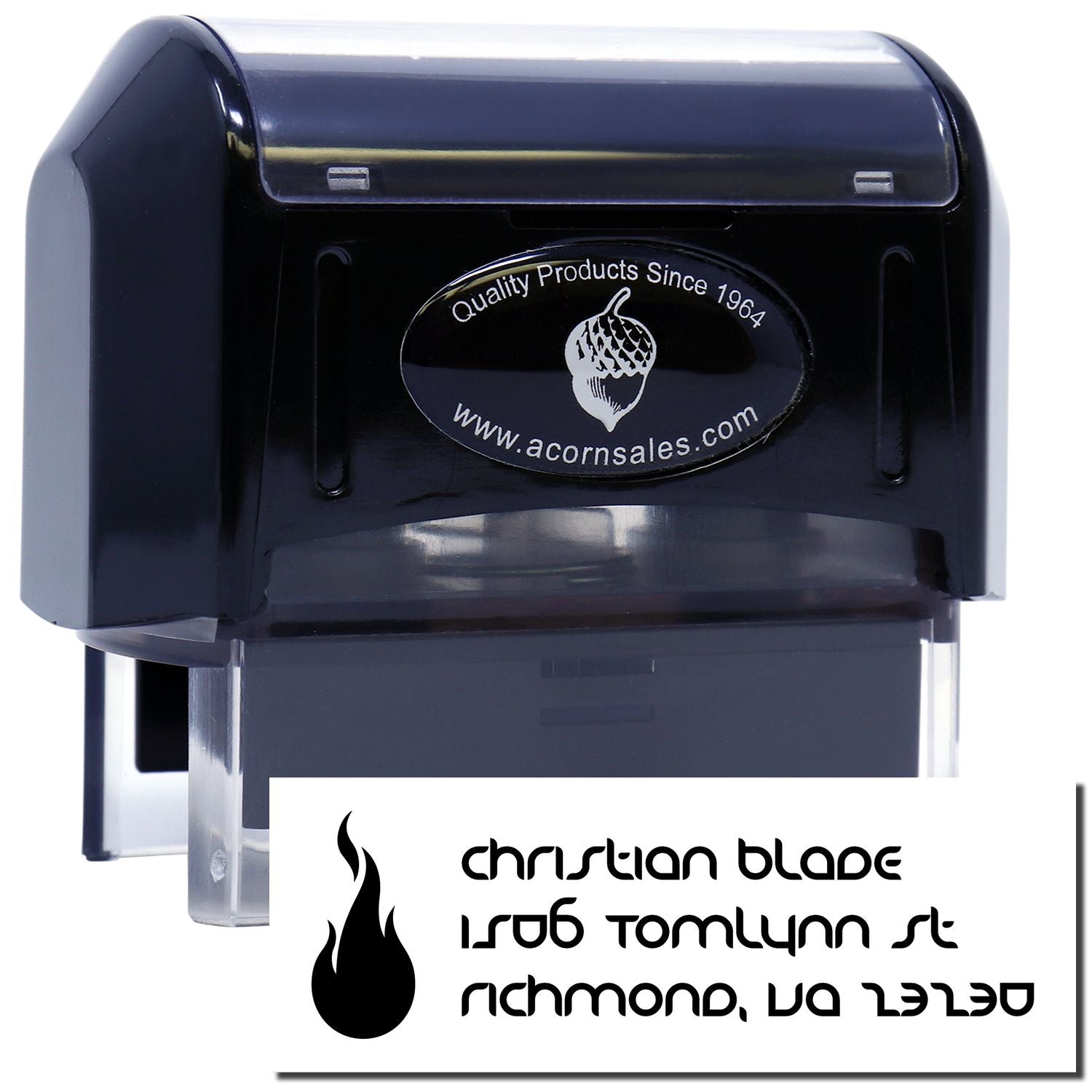 Custom self-inking rubber address stamp with sample imprint for Christian Blade, Richmond, VA