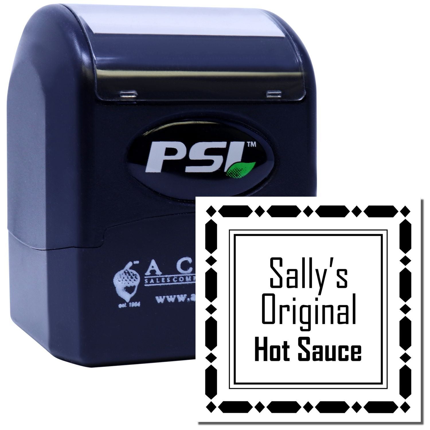 PSI self-inking rubber stamp with custom "Sally's Original Hot Sauce" imprint for product branding.
