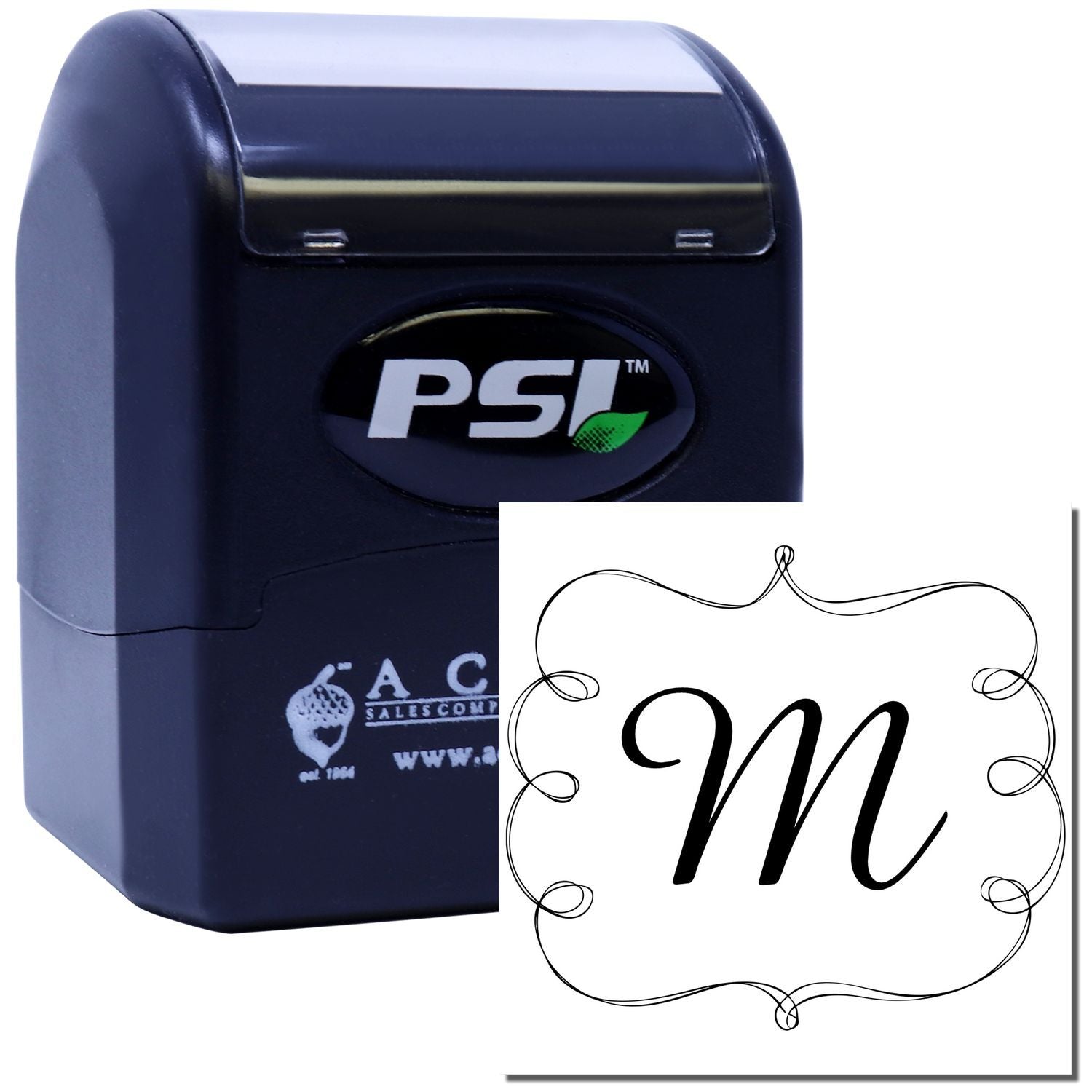 Self-inking custom rubber stamp with decorative monogram M for personalized branding, envelopes, and stationery.