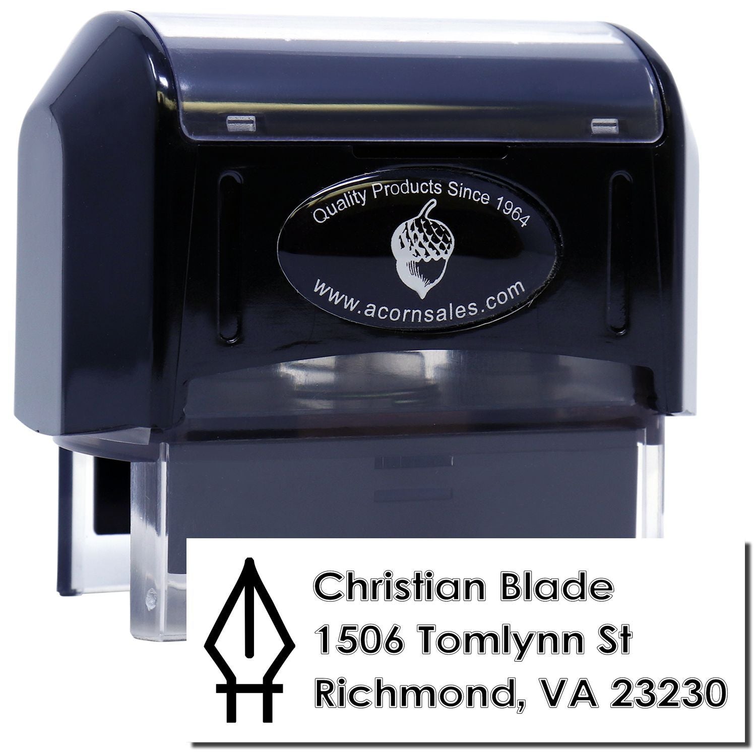 Custom self-inking rubber address stamp with logo for Christian Blade, Richmond, VA 23230.