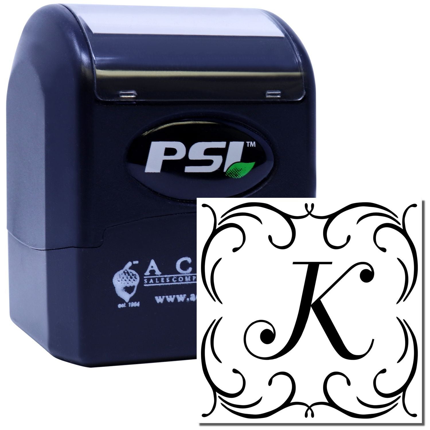 PSI self-inking custom monogram K rubber stamp with ornate border for personalized stationery and craft projects