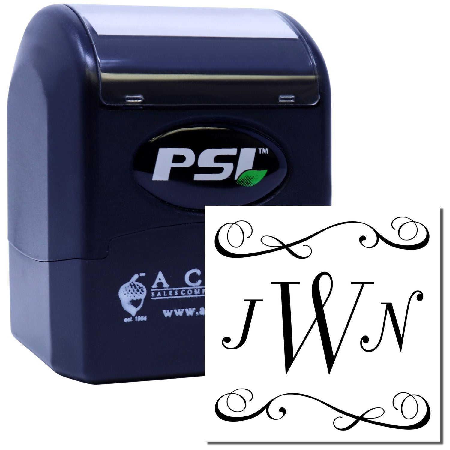 PSI self-inking custom monogram rubber stamp with decorative flourishes and letter W for personalized stationery.